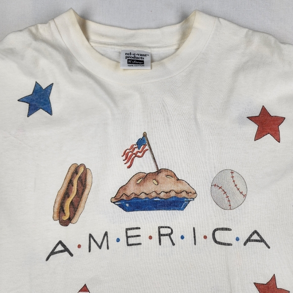 1998 Rel-e-Vant America Apple Pie Baseball Hotdog Shirt with Stars Large Vintage - Picture 2 of 6